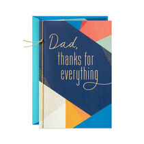 Mostly blue multicolor card with “Dad, thanks for everything” on the front