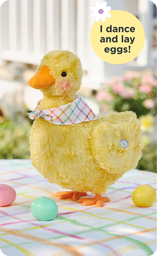 Dancing and egg-lay Easter duck on a blanket