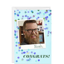 Custom vertical fold card with white, instant-photo frame surrounded by blue and purple confetti