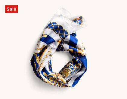 Sale. Sylvia Mollie Be Bold Blue and Gold Fashion Scarf, Blue & Gold, large image number 2 Sylvia Mollie Be Bold Blue and Gold Fashion Scarf, Blue & Gold, large image number 3 Sylvia Mollie Be Bold Blue and Gold Fashion Scarf