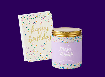 Happy birthday card and candle decorated with colorful confetti