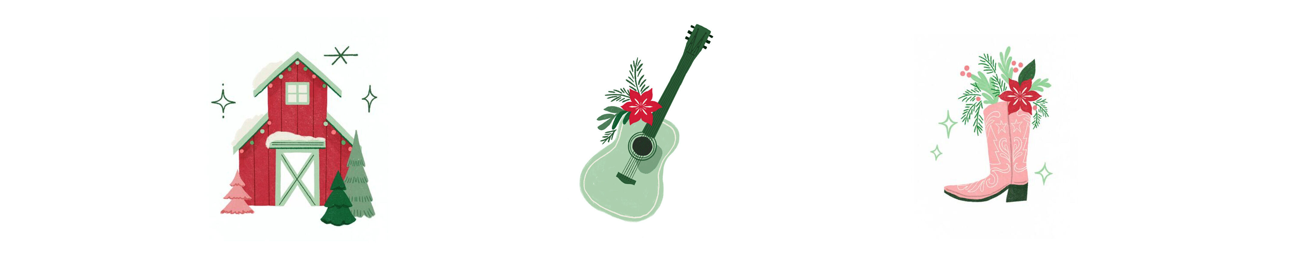 Illustrations of a red barn, green guitar, and pink boot