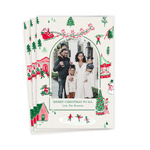 Flat card with vintage-inspired illustrations of holiday scenes—including Santa and his reindeer, an ice skating pond, shop, house and carousel—in a festive red, green and pink color palette framing your photo