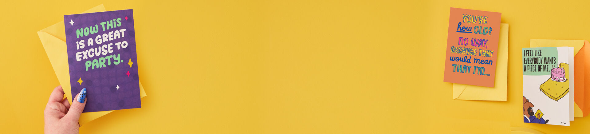 3 Shoebox greeting cards on yellow background