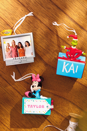 Personalized Friends, How the Grinch Stole Christmas, and Disney ornaments.