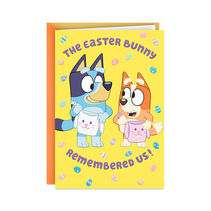 Bluey Easter card with ‘The Easter Bunny remembered us!’ on the front.
