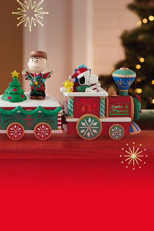 Charlie Brown and Snoopy on a holiday-themed train.