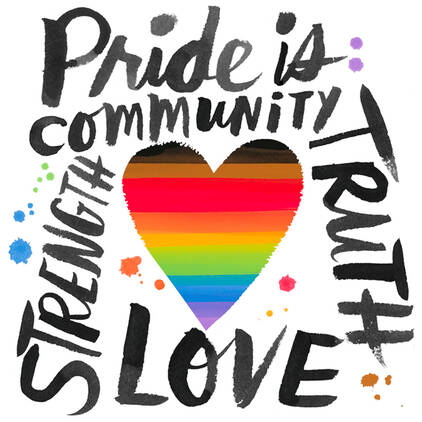 A boldly lettered phrase that says Pride is: community. strength. truth. love.