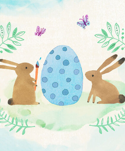 Watercolor rabbits painting an Easter egg.