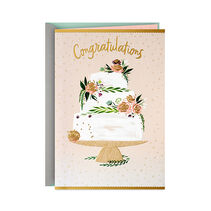 Card with a wedding cake and the message "Congratulations" in gold foil.