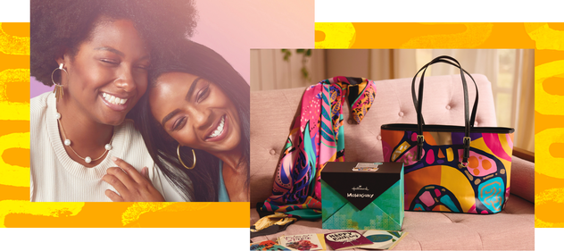 Collage of two women leaning on each other and Mahogany gifts