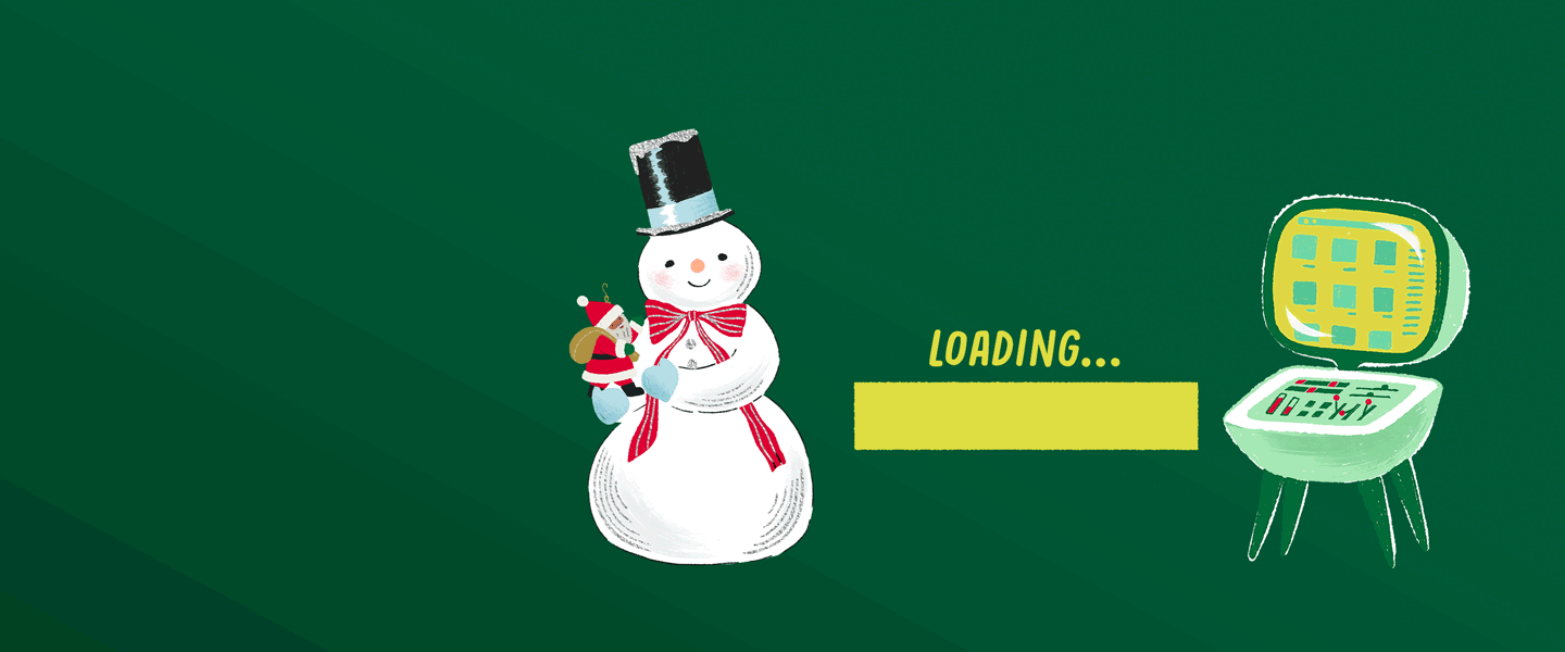 A loading bar going up as a snowman tosses a Santa doll toward a vintage computer. 