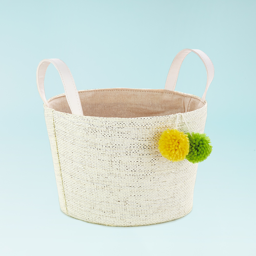 White Woven Easter Basket With Pom-Poms