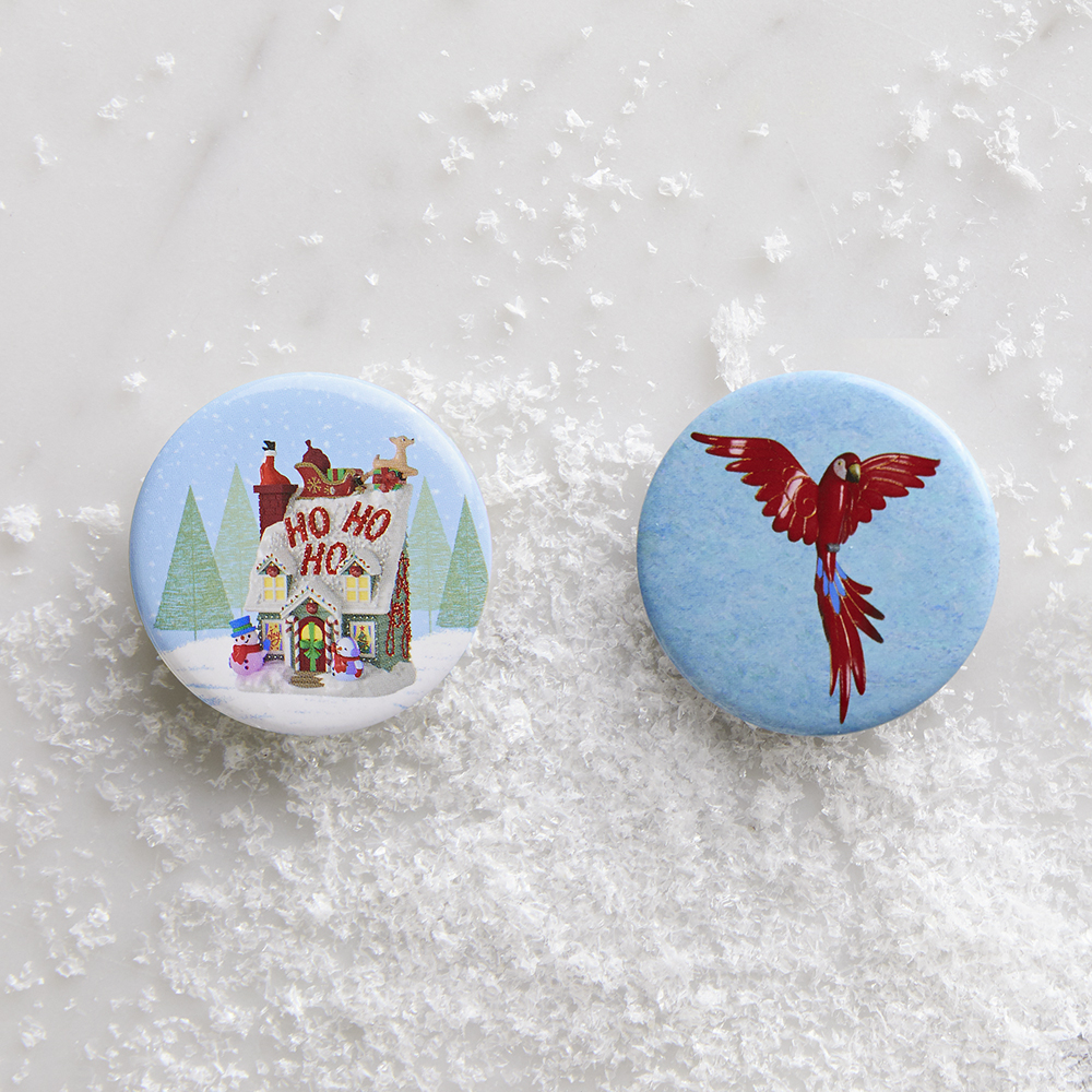 Merriest House in Town and Pretty Parrot buttons