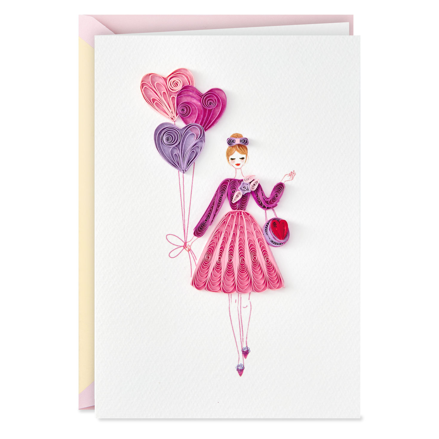 woman with heart balloons quilled paper birthday card