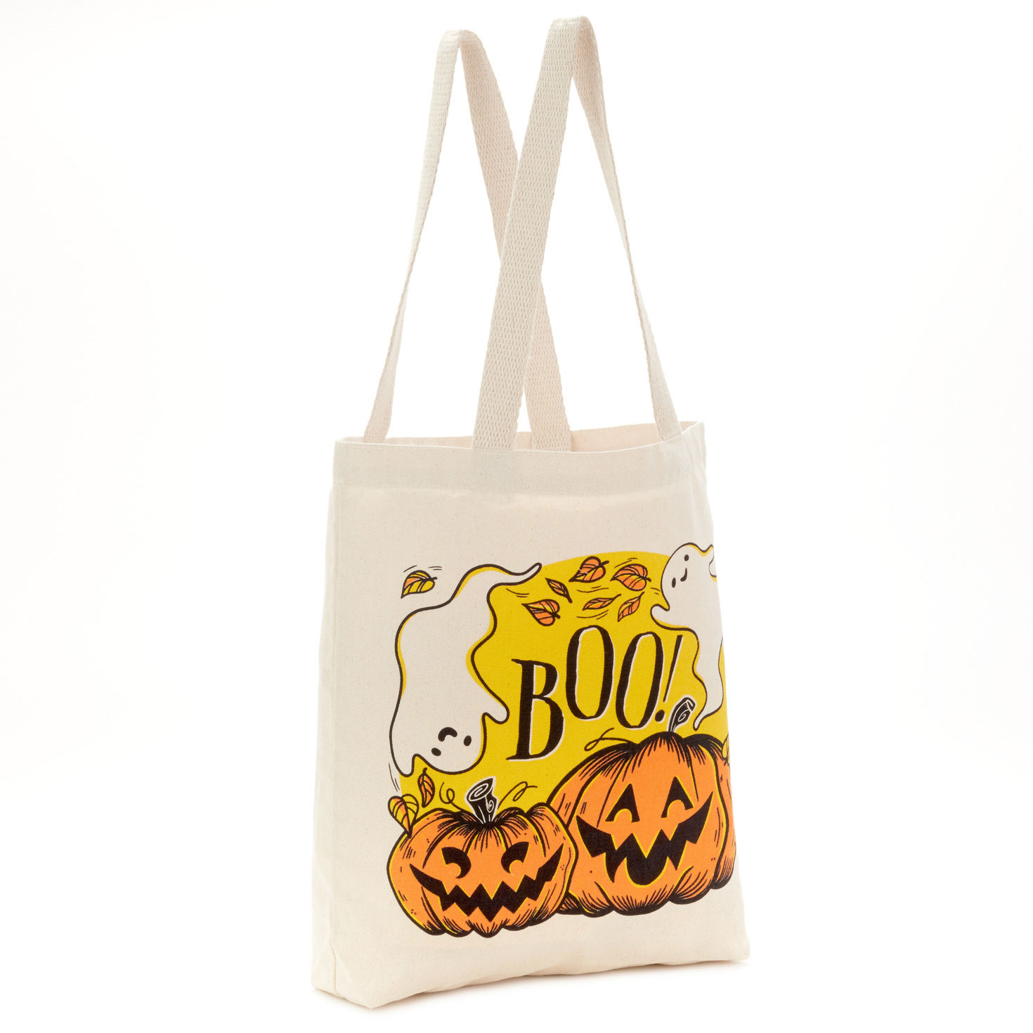 Ghost and Pumpkins Canvas Halloween Tote Bag Front