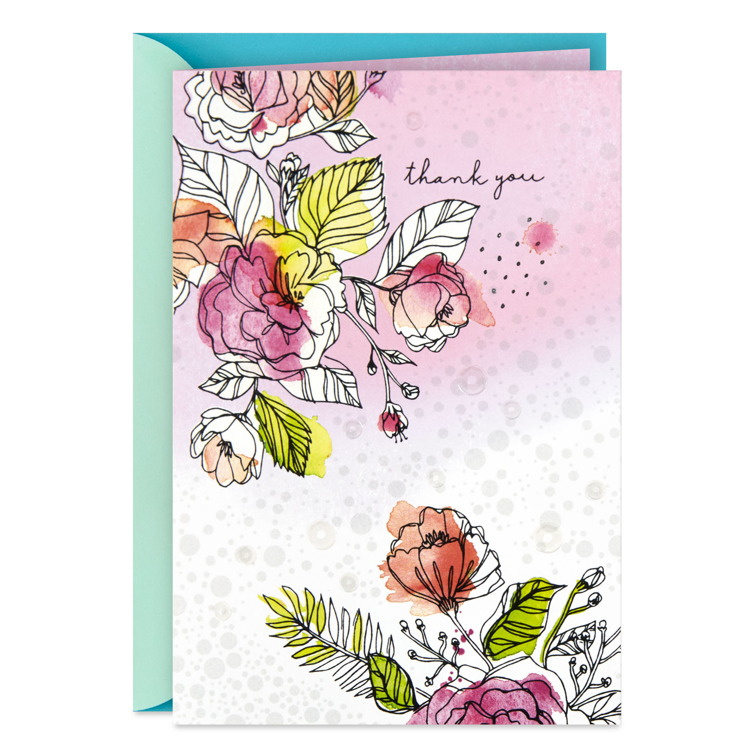 Watercolor Flowers and Sequins Blank Thank You Card - Greeting Cards ...