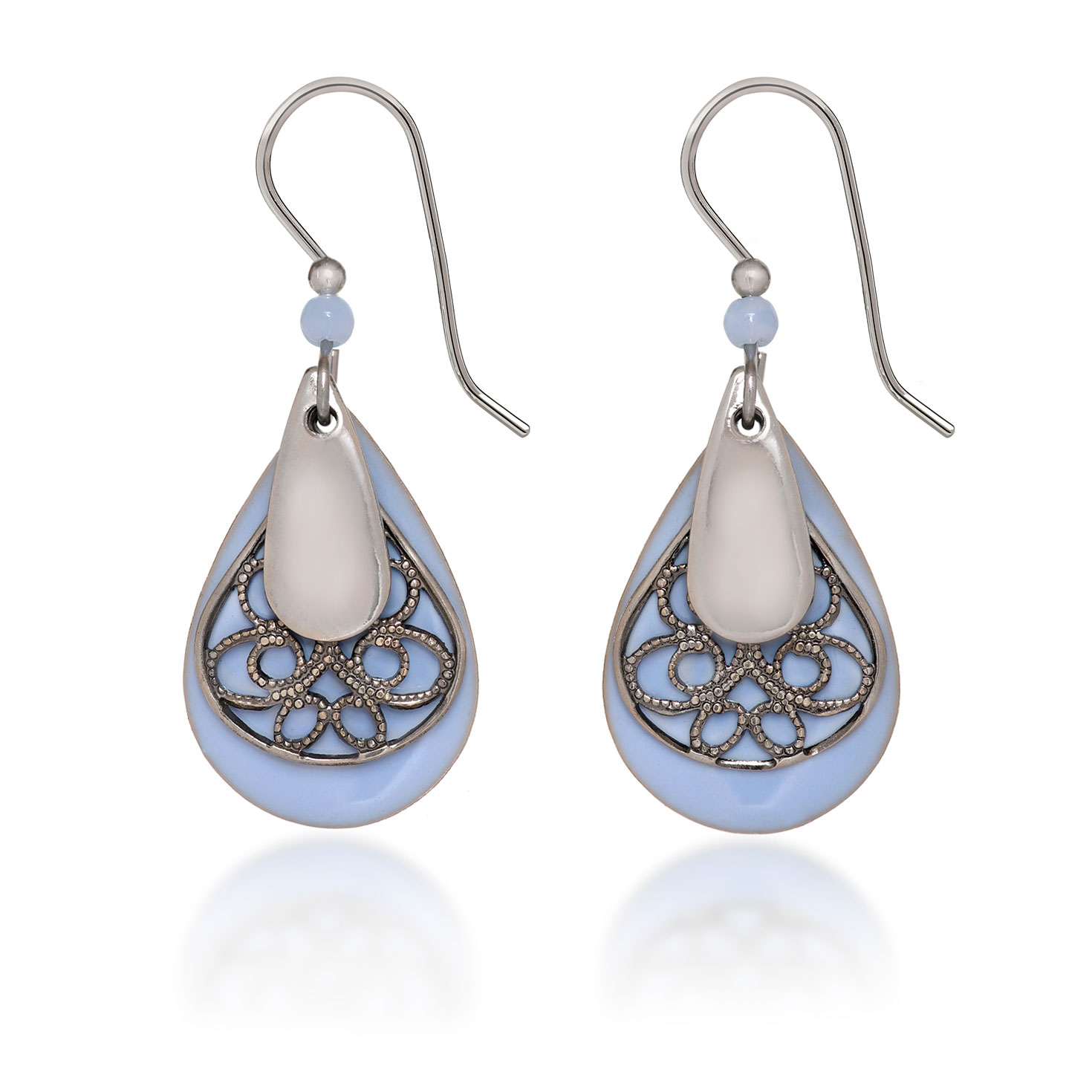 Silver Forest Blue Teardrop With Silver Filigree Layered Drop Earrings
