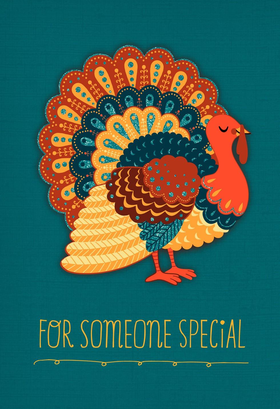 Turkey on Teal Background Thanksgiving Card - Greeting 