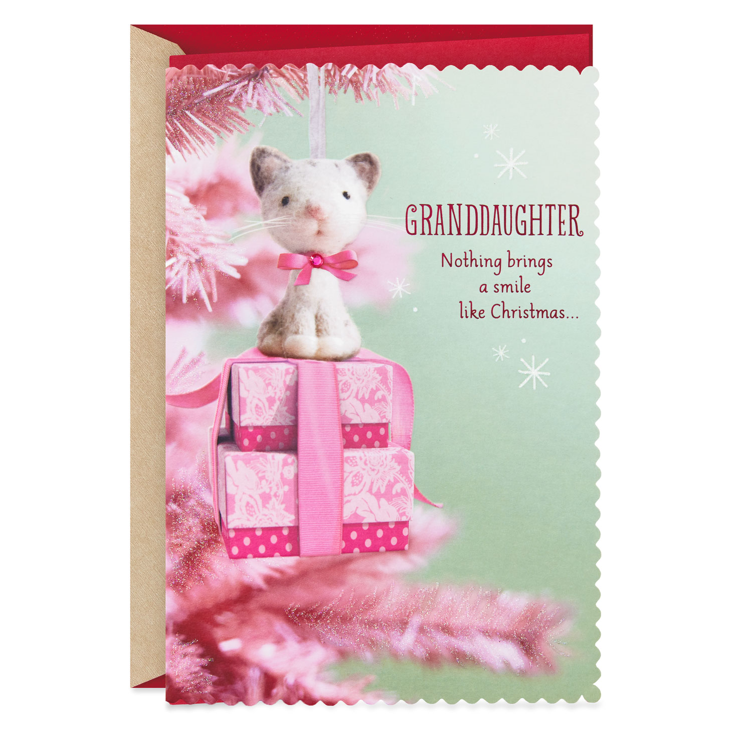 Pink Cat Ornament Christmas Card for Granddaughter