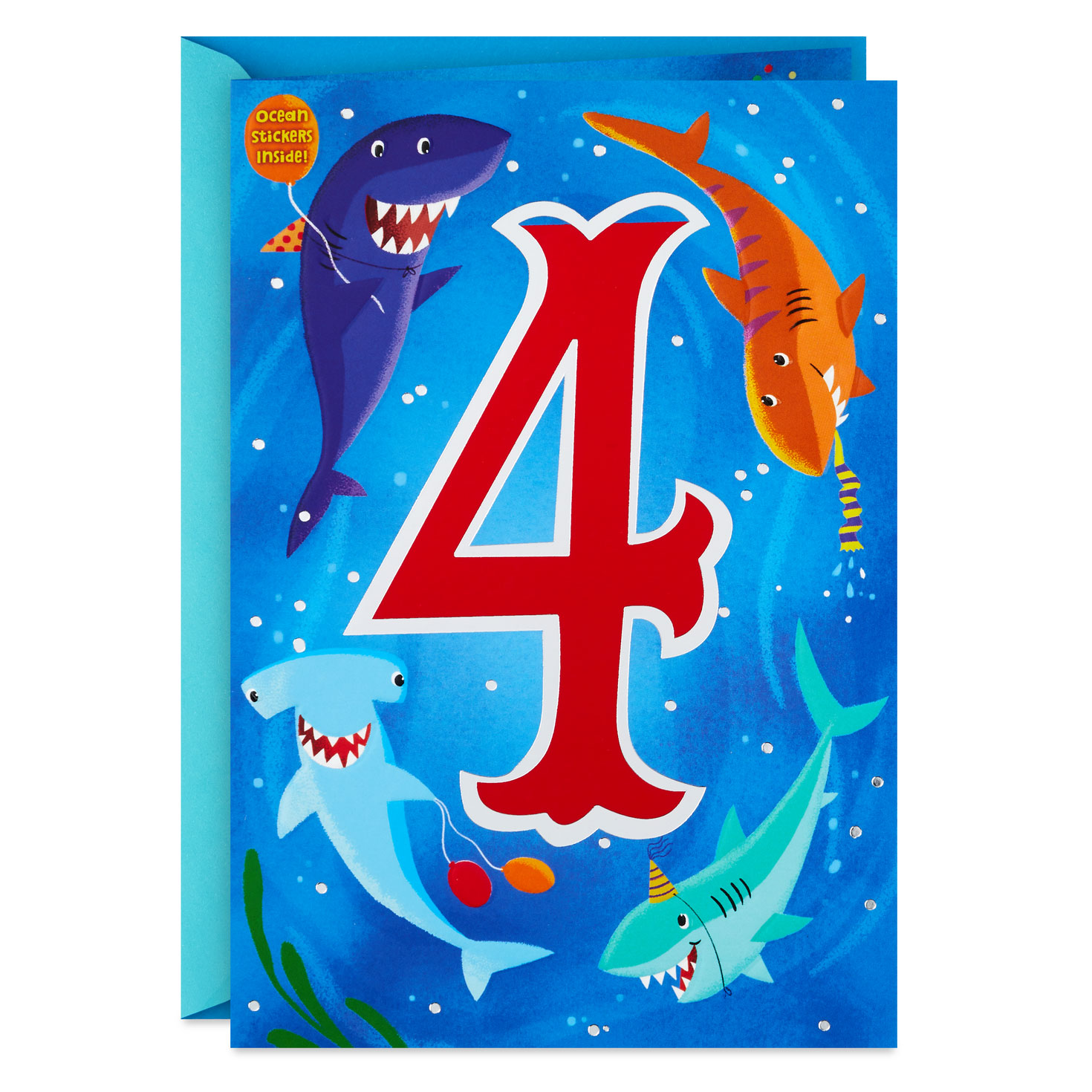 Fin-tastic Four Sharks 4th Birthday Card With Stickers - Greeting