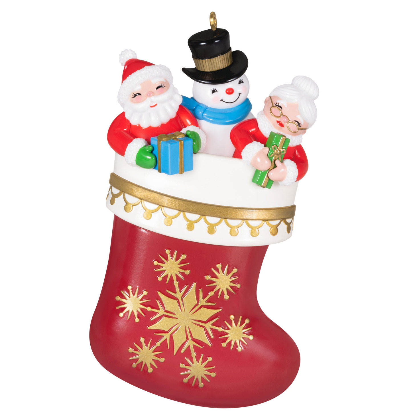 Santa Snowman Mrs in Stocking Keepsake Ornament Front
