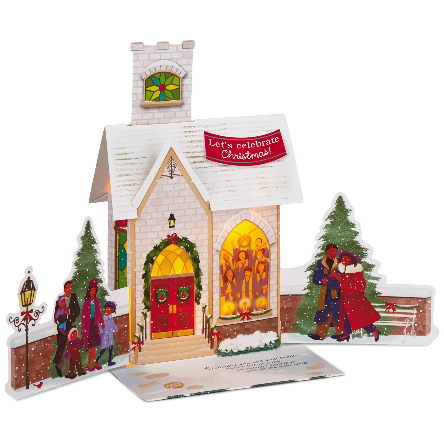 Snowy Church Pop Up Musical Christmas Card With Light 