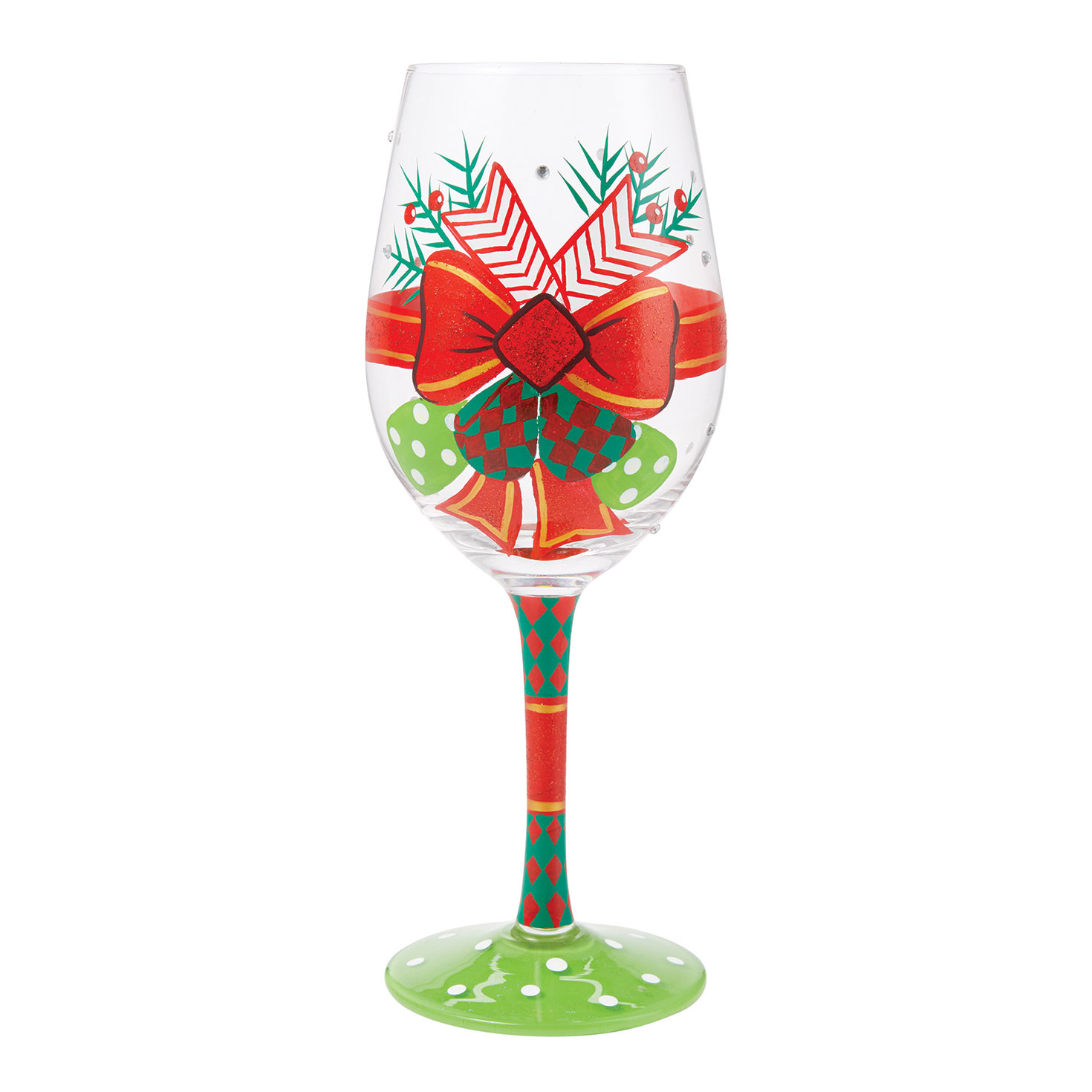 Lolita My Fancy Christmas Bow Handpainted Wine Glass, 15 oz. Wine