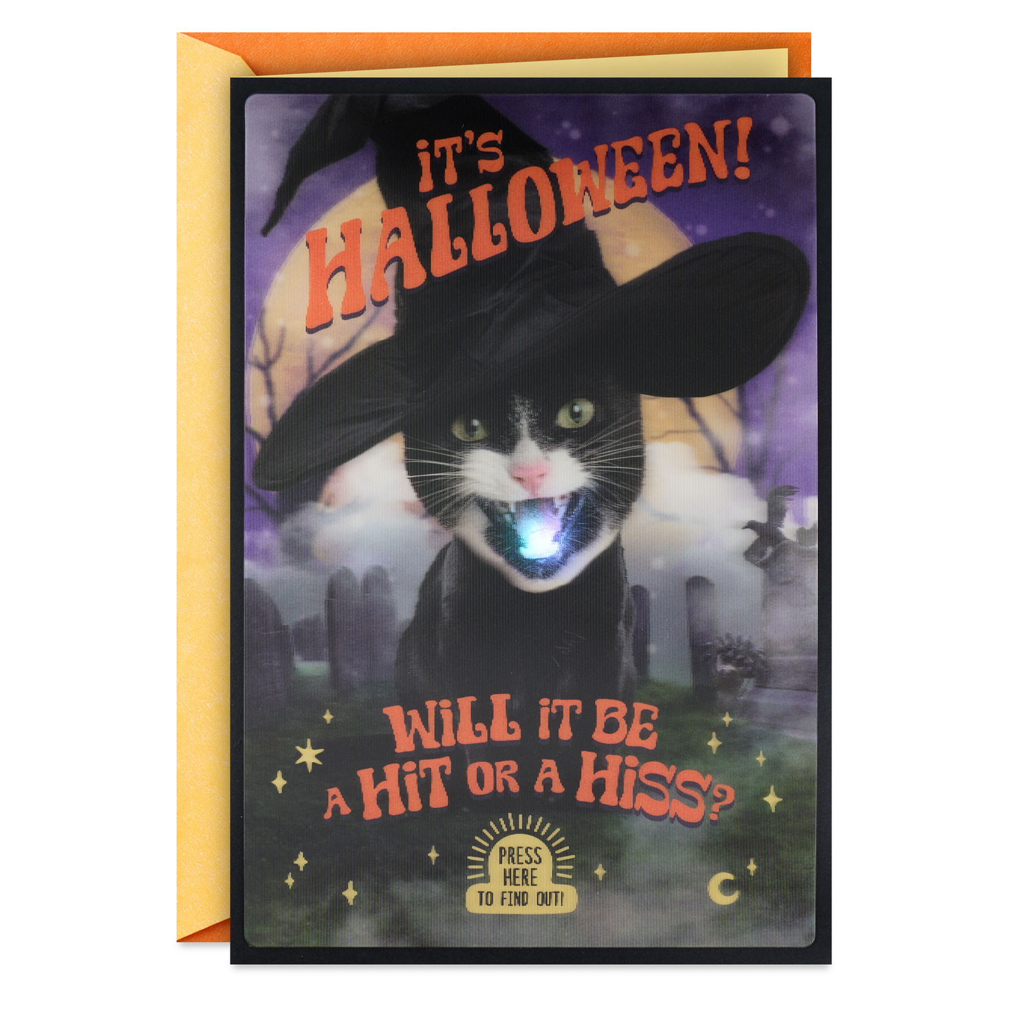 Cat in Witch's Hat Funny Holographic Halloween Card With Sound and ...