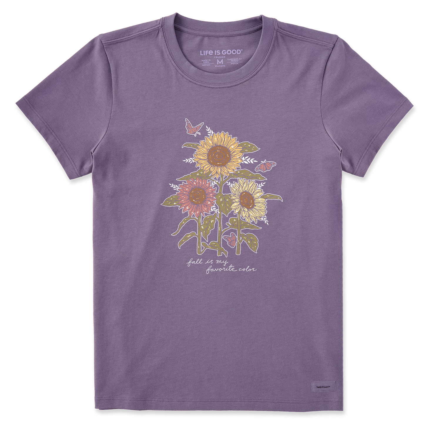Life Is Good Women's Fall Favorite Sunflowers Purple Short Sleeve