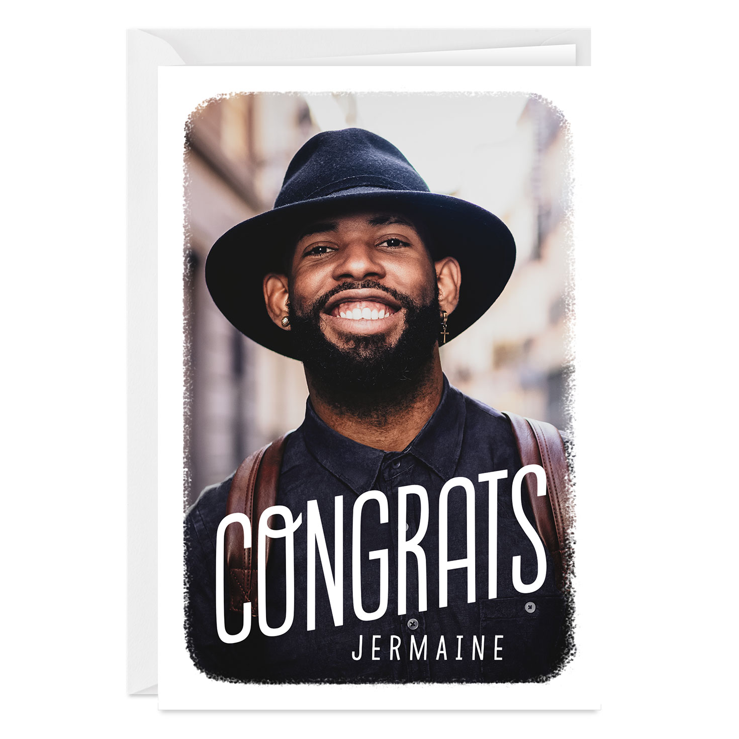 Personalized White Outline Congratulations Photo Card 