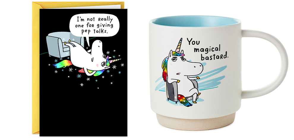 Meh Unicorn greeting card and mug