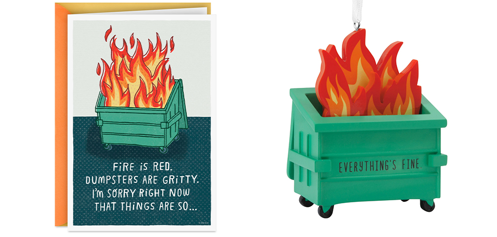 Dumpster Fire greeting card and ornament
